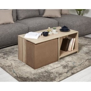 Ensemble table basse bois MDF Décor Naturel + 2 poufs tissu Taupe - L