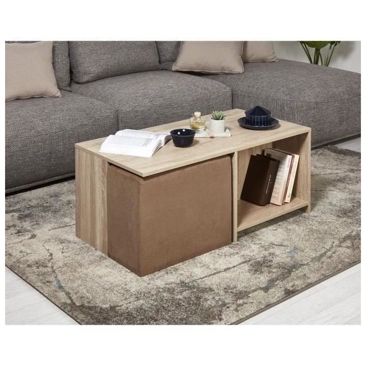 Ensemble table basse bois MDF Décor Naturel + 2 poufs tissu Taupe - L