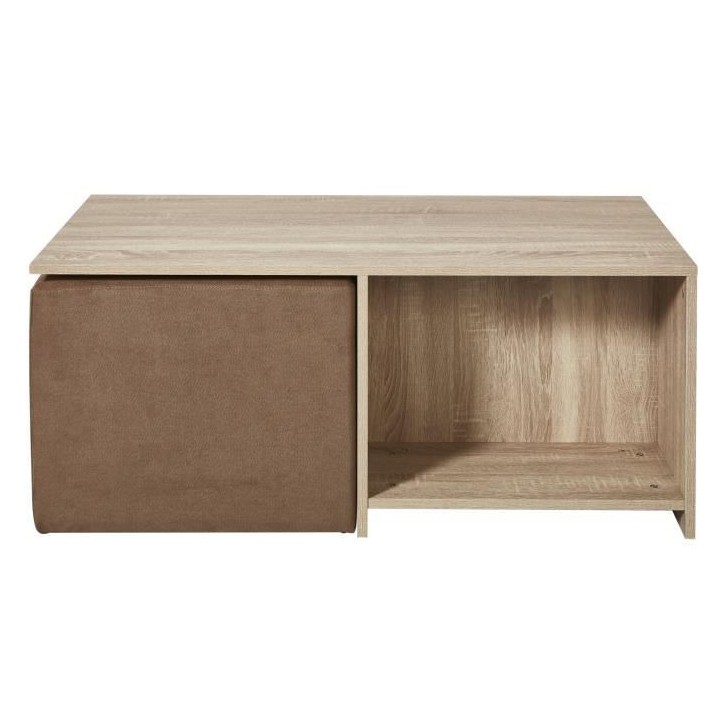Ensemble table basse bois MDF Décor Naturel + 2 poufs tissu Taupe - L