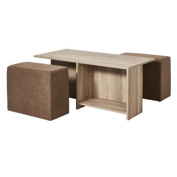 Ensemble table basse bois MDF Décor Naturel + 2 poufs tissu Taupe - L