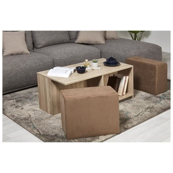 Ensemble table basse bois MDF Décor Naturel + 2 poufs tissu Taupe - L