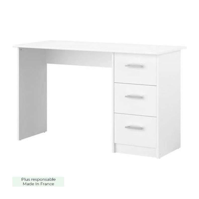 Bureau droit 3 tiroirs - Panneaux de particules - Décor Blanc - Scandinave - L 121 x P 55 x H 74 cm - ESSENTIELLE