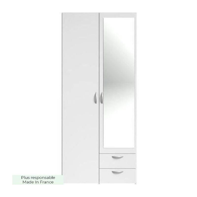 PARISOT Armoire 2 portes battantes avec 1 miroir + 2 tiroirs - Panneaux de particules - Blanc - L 81 x P 51 x H 185 cm - VARIA