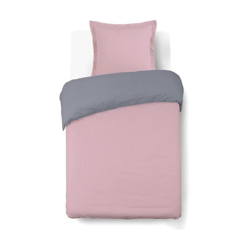 VISION - Bicolore - Housse de couette Réversible 140x200cm avec 1 taie 65x65cm - Gris/rose - 100% coton