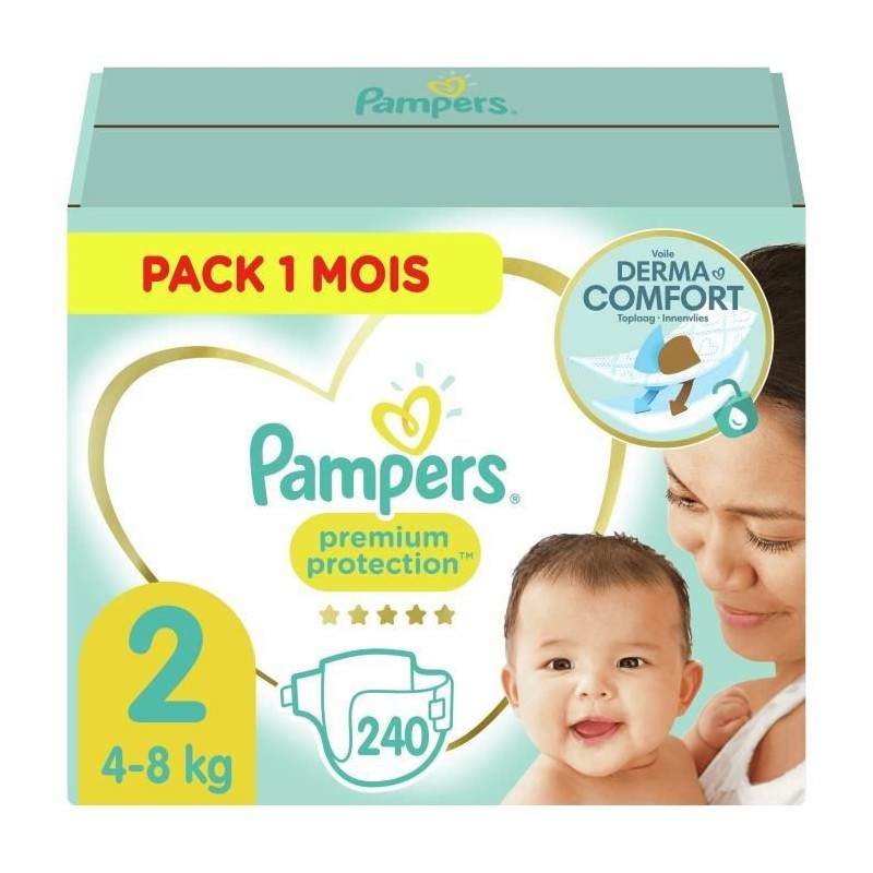 PAMPERS Premium Protection New Baby Taille 2 - 4 a 8kg - 240 couches - Format pack 1 mois