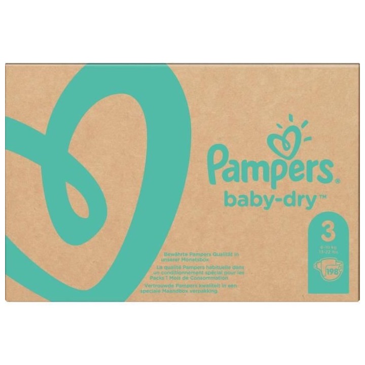 PAMPERS Baby Dry Taille 3 - 6 a 10 kg - 198 couches - Format Pack 1 mo