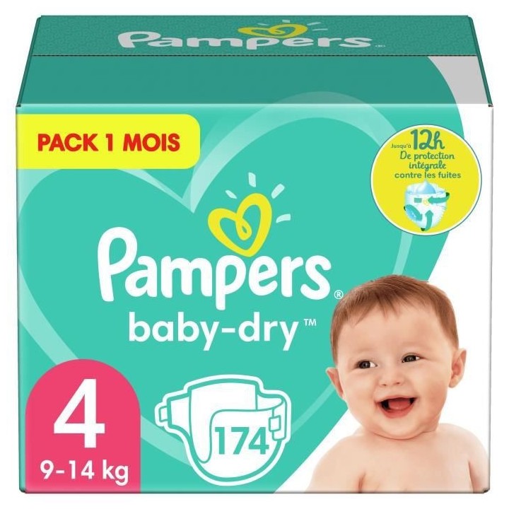 PAMPERS Baby-Dry Taille 4, 9-14 kg - 174 Couches - Pack 1 Mois