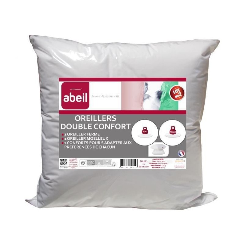 ABEIL Lot de 2 Oreillers DOUBLE CONFORT 100% Coton 60x60cm