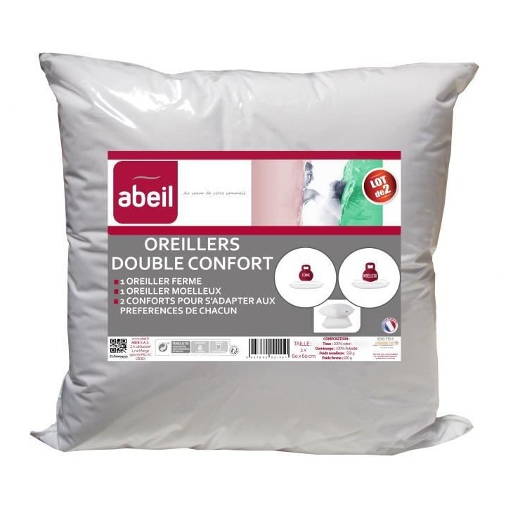 ABEIL Lot de 2 Oreillers DOUBLE CONFORT 100% Coton 60x60cm