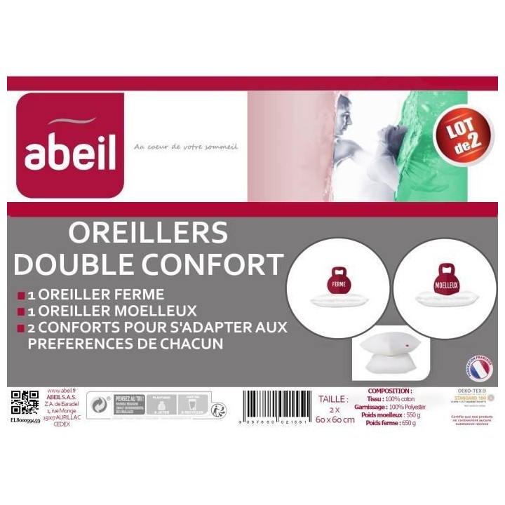 ABEIL Lot de 2 Oreillers DOUBLE CONFORT 100% Coton 60x60cm