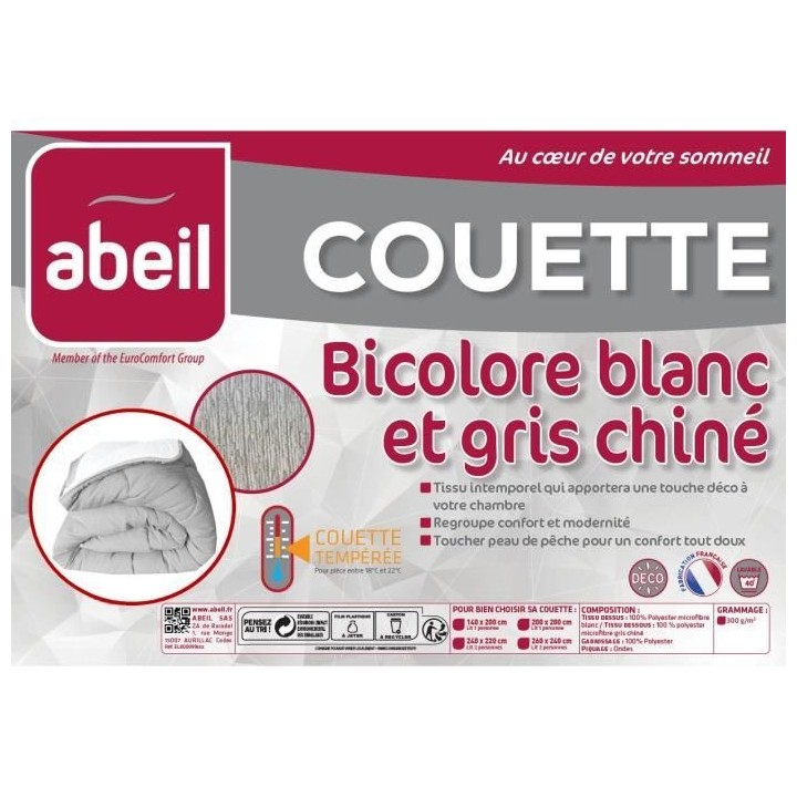 ABEIL Couette tempérée BICOLORE 240x260cm - Blanc & Gris chiné