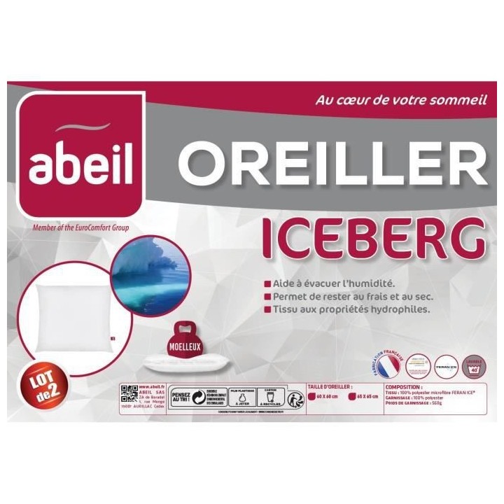 ABEIL Lot de 2 Oreillers moelleux ICEBERG 60x60cm