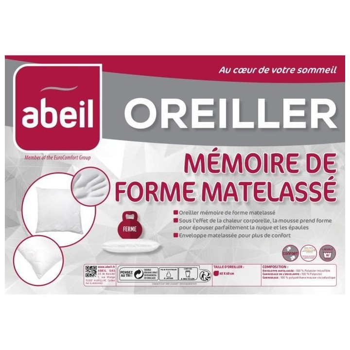 ABEIL Oreiller a mémoire de forme matelassé 60x60 cm blanc