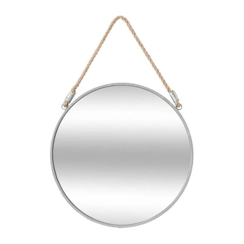 Miroir mural rond - En fer, verre et corde - Gris - Ø 38 cm