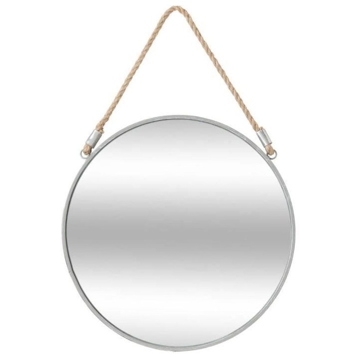 Miroir mural rond - En fer, verre et corde - Gris - Ø 38 cm