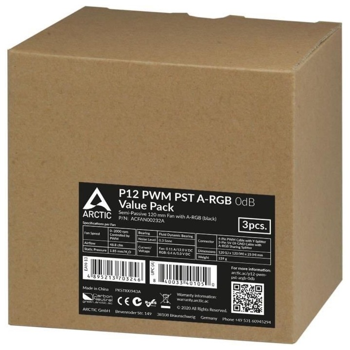 Ventilateur PC - ARCTIC - P12 PWM PST ARGB Noir (PACK 3) (ACFAN00232A)