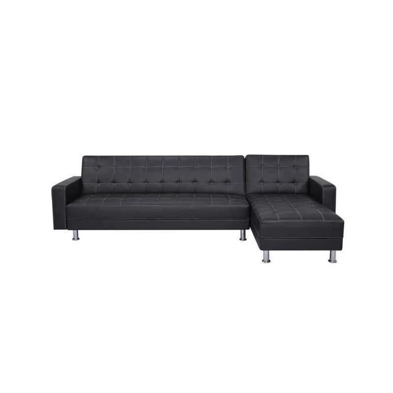 Canapé d'angle convertible réversible 3 places Ivana- Simili Noir - Pieds en acier - L 277 x P 157 x H 80 cm