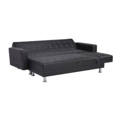 Canapé d'angle convertible réversible 3 places Ivana- Simili Noir - Pieds en acier - L 277 x P 157 x H 80 cm