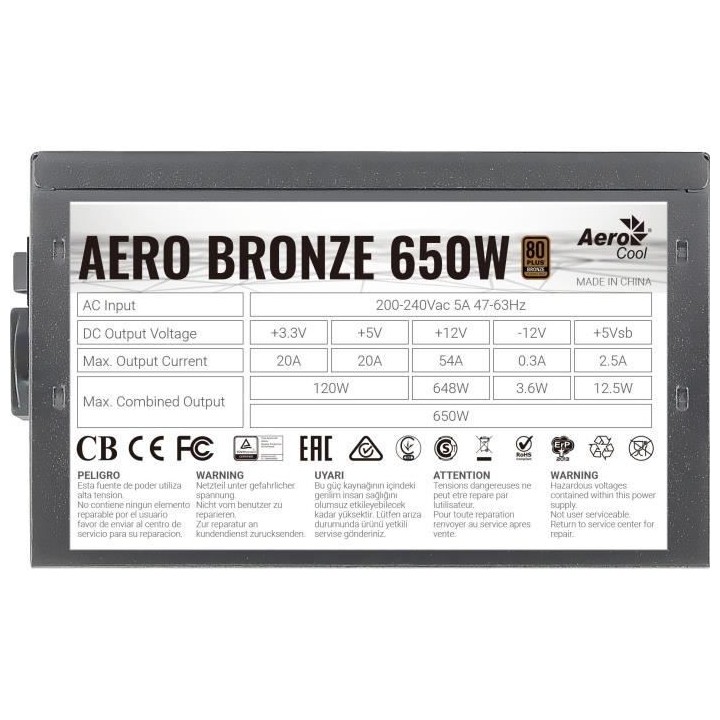 Alimentation PC non modulaire - AEROCOOL - Aero Bronze 650W (80+Bronze