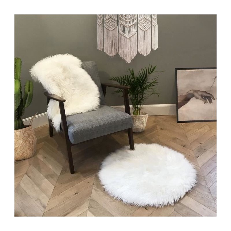 FLOKATI DELUXE Tapis de salon ou chambre - Peau de mouton synthétique - Ø 70 cm - Blanc acrylique