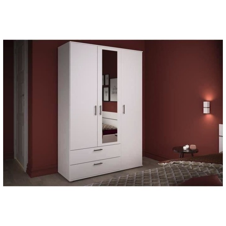 PARISOT Armoire battante 3 portes + 2 grands tiroirs et un miroir - Bl