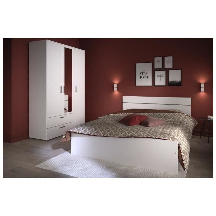 PARISOT Armoire battante 3 portes + 2 grands tiroirs et un miroir - Bl