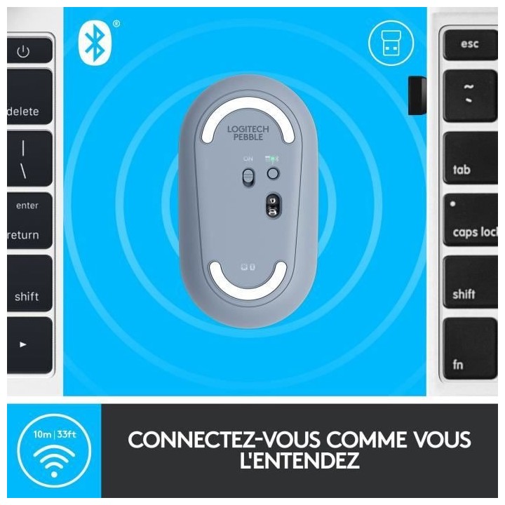 Souris Sans fil - LOGITECH - M350 PEBBLE - Clic Silencieux - Gris Bleu