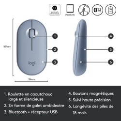 Souris Sans fil - LOGITECH - M350 PEBBLE - Clic Silencieux - Gris Bleu