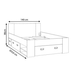 UDINE Lit adulte 140x200 cm 3 tiroirs + chevet - Blanc et décor béton