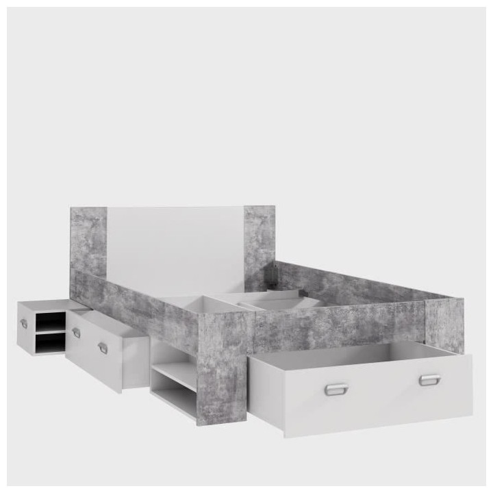 UDINE Lit adulte 140x200 cm 3 tiroirs + chevet - Blanc et décor béto