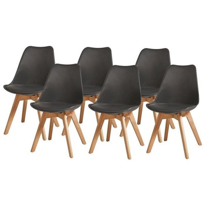 BJORN Lot de 6 chaises pieds en Hetre - Simili Noir - L 48,5 x P 58 x