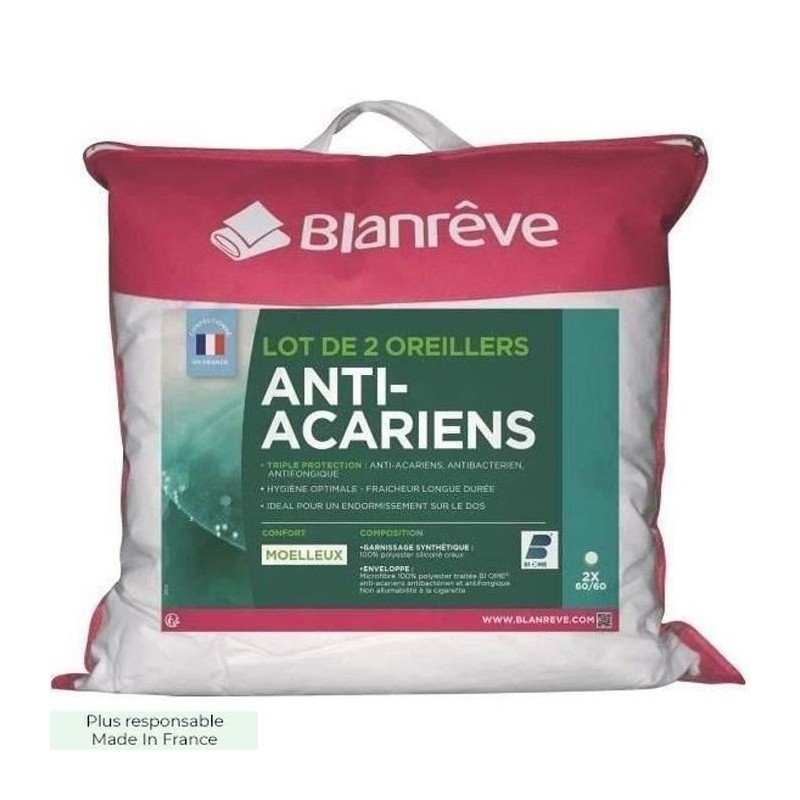 BLANREVE Lot de 2 Oreillers Triple Protection - 60 x 60 cm - Blanc