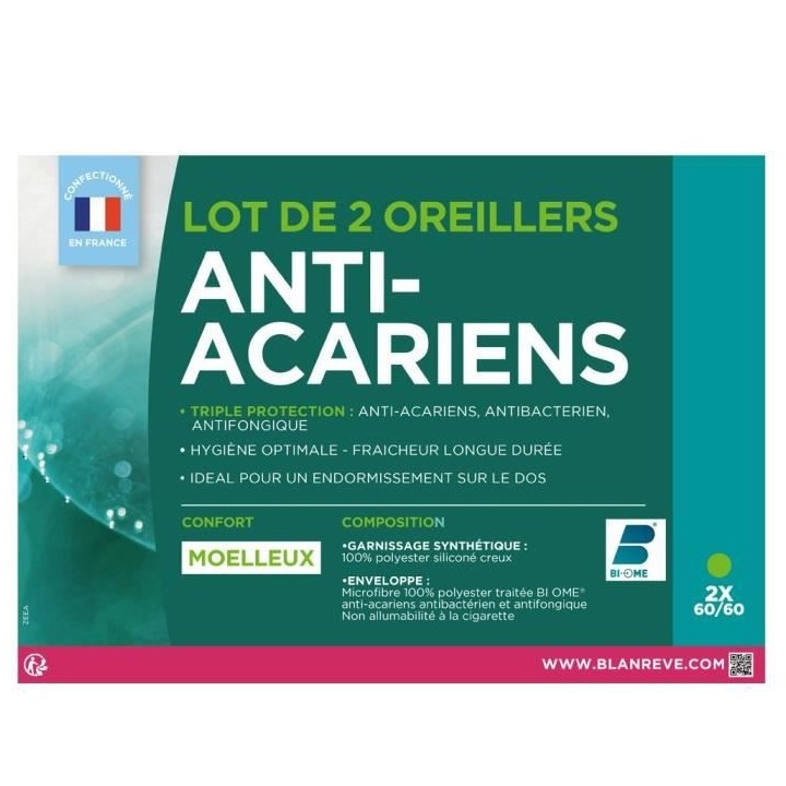 BLANREVE Lot de 2 Oreillers Triple Protection - 60 x 60 cm - Blanc