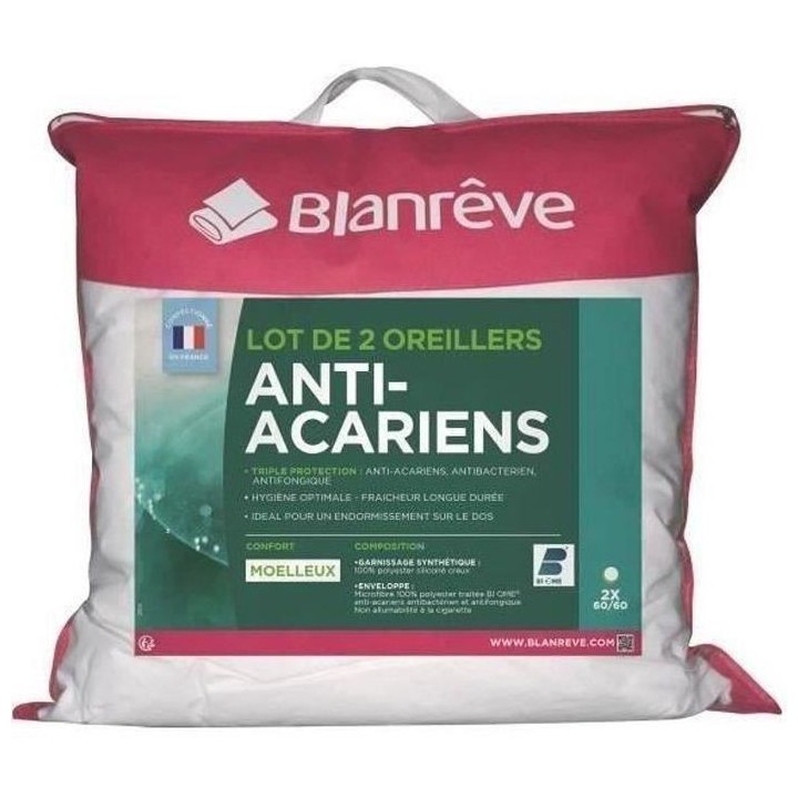BLANREVE Lot de 2 Oreillers Triple Protection - 60 x 60 cm - Blanc