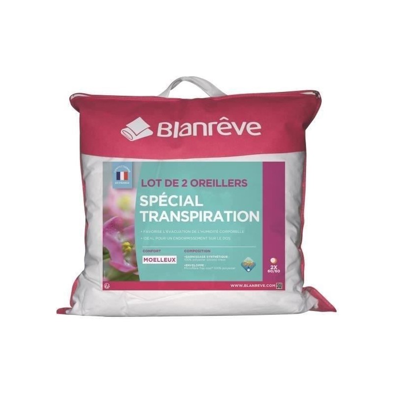 BLANREVE Lot de 2 Oreillers Spécial Transpiration - 60 x 60 cm - Blanc