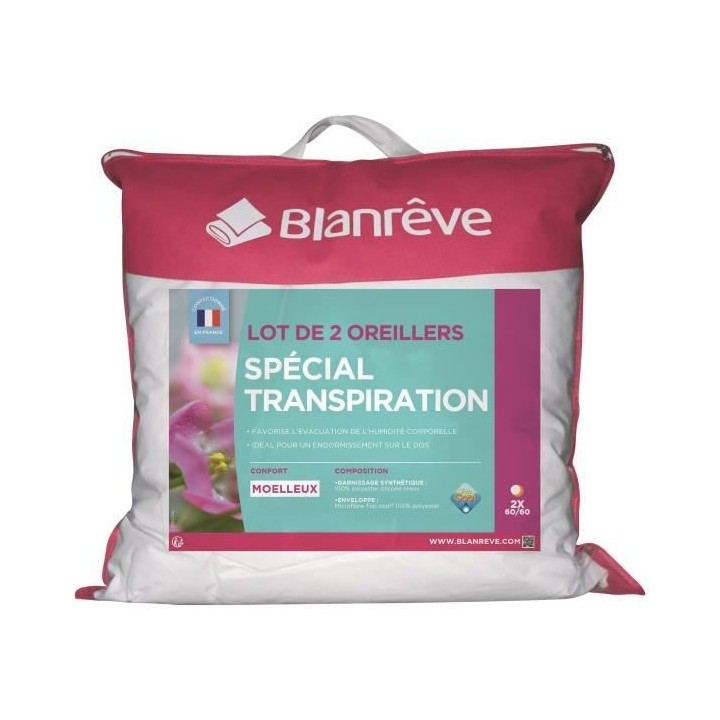 BLANREVE Lot de 2 Oreillers Spécial Transpiration - 60 x 60 cm - Blan