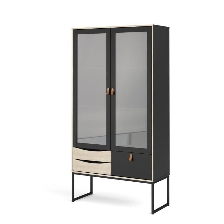 TVILUM Vitrine 2 portes vitrées 3 tiroirs - Décor bois et noir - L 9