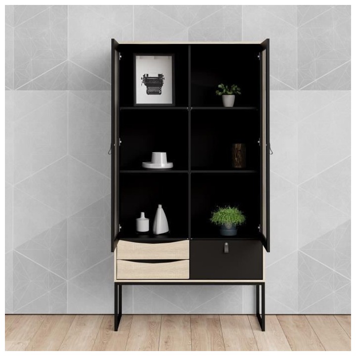 TVILUM Vitrine 2 portes vitrées 3 tiroirs - Décor bois et noir - L 9