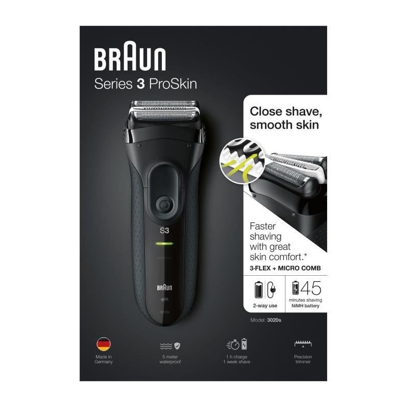 Braun Series 3 ProSkin 3020s Rasoir Électrique Homme Barbe, Noir - Rasoir Électrique Rechargeable