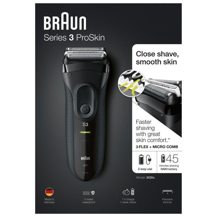 Braun Series 3 ProSkin 3020s Rasoir Électrique Homme Barbe, Noir - Ra