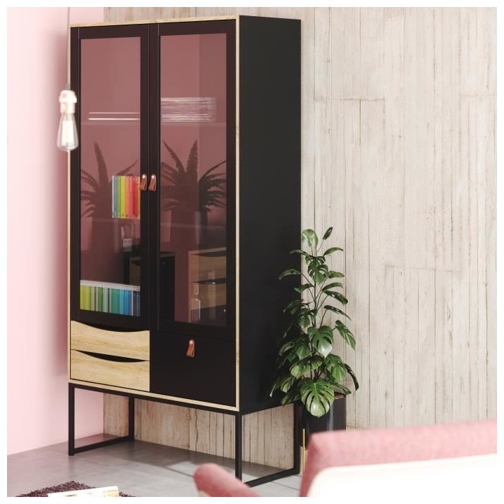 TVILUM Vitrine 2 portes vitrées 3 tiroirs - Décor bois et noir - L 9