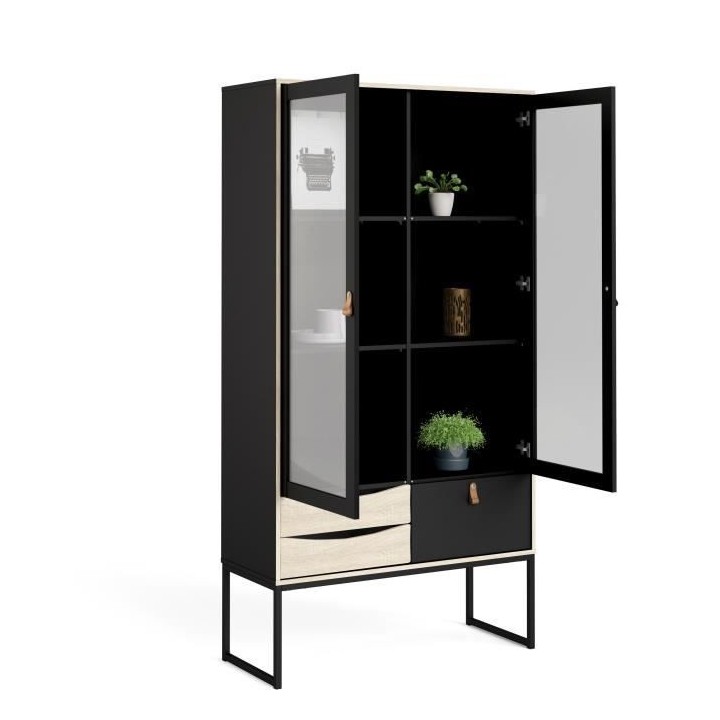 TVILUM Vitrine 2 portes vitrées 3 tiroirs - Décor bois et noir - L 9