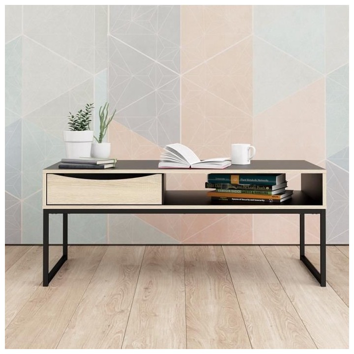 TVILUM Table basse 1 tiroir - Décor chene et noir - L 117,2 x P 60 x