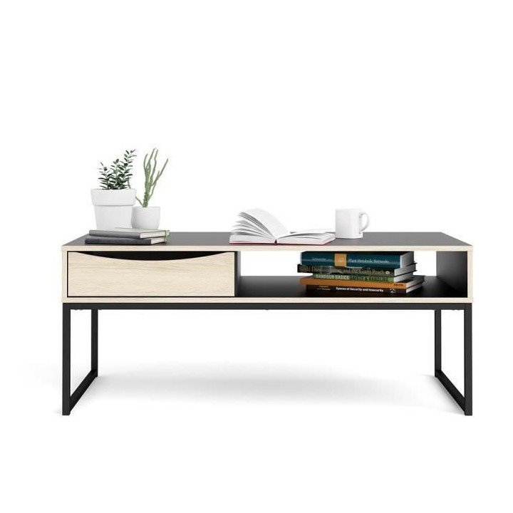 TVILUM Table basse 1 tiroir - Décor chene et noir - L 117,2 x P 60 x