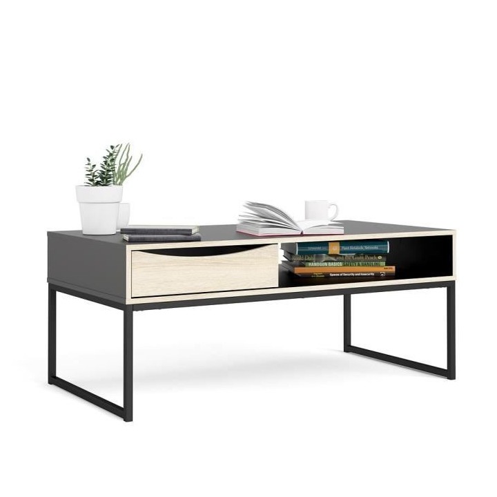 TVILUM Table basse 1 tiroir - Décor chene et noir - L 117,2 x P 60 x