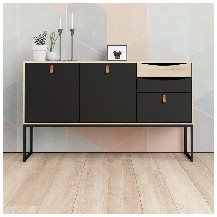 TVILUM Enfilade 2 portes 3 tiroirs - Décor chene et noir - L 147,2 x