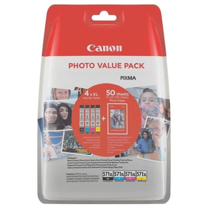 CANON Pack de 4 cartouches d'encre CLI-571 XL grande capacité Noir/Cy