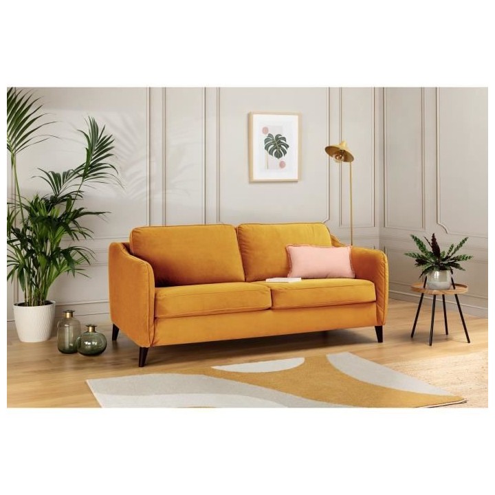 HEXAGONE Canapé Convertible 3 places - Velours ocre - Couchage expres