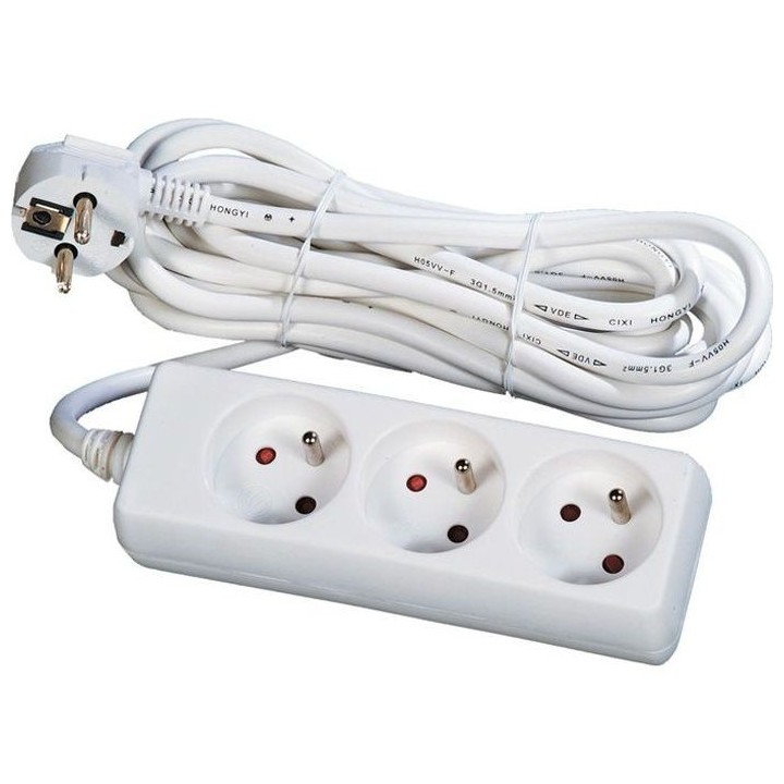 Bloc multiprise blanc 3 prises 2 Pôles + terre - 16 A - Câble 4 metr