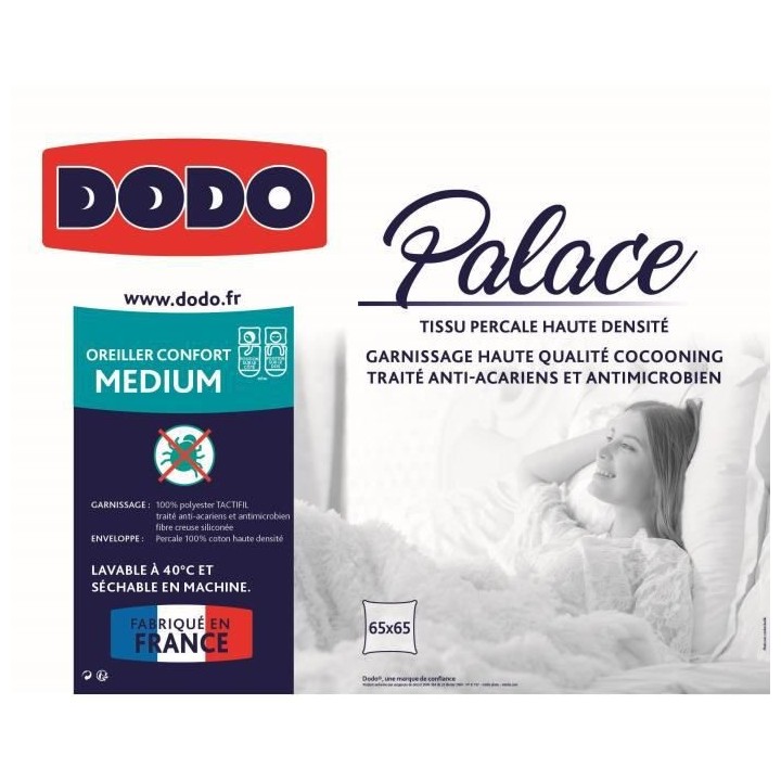 DODO Oreiller Percale Anti-Acariens PALACE - 65 x 65 cm